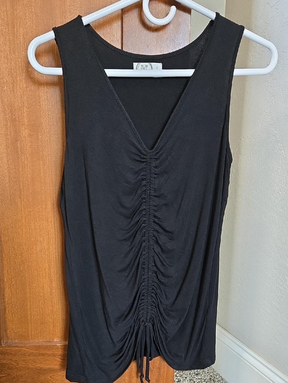 Black Ruched V-Neck Tank Top with Adjustable Front Drawstring